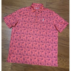 Grunk Dolfer Mens Stretch Short Sleeve Polo Shirt XL Red Hula Girl Dolphin Trees